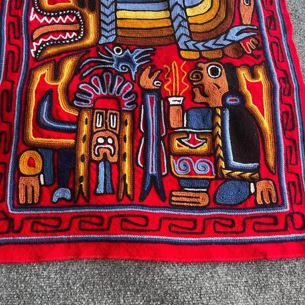 Vintage Peruvian Hand Embroidered Textile Wall Hanging Incan Mythological Art